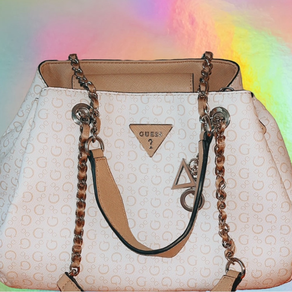 Guess White and Tan Shoulder Bag with Chain-Link Straps